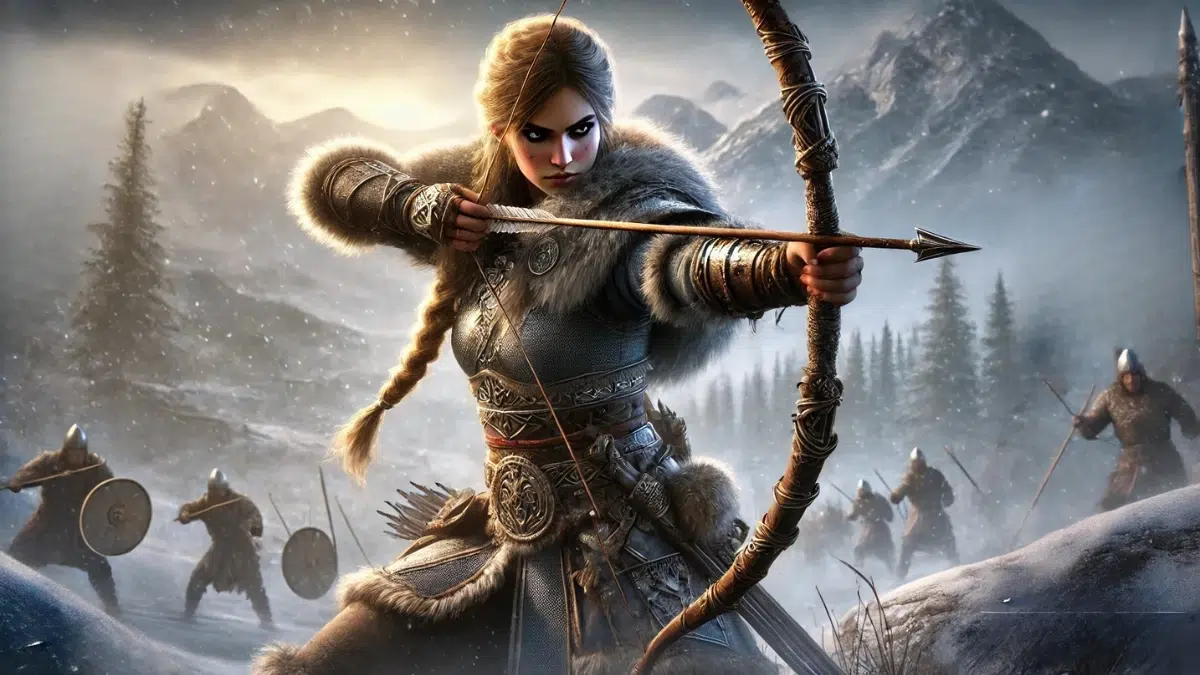 Eivor from Assassin’s Creed Valhalla using a bow in Viking combat. Eivor, a fierce Norse warrior, is clad in detailed Viking armor with fur-lined elements, standing in a battle-ready stance. She holds a hunter bow, aiming at an enemy in the distance with precision. Her expression is intense, with braided hair flowing in the wind. The background features a rugged Nordic landscape with snow-capped mountains, a Viking village, and a cold, misty battlefield