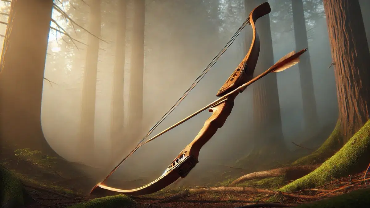 a traditional Mohawk flatbow, highlighting its unique design. The bow is wider and flatter compared to a European longbow, showcasing its sturdy wooden structure. It is strung tightly, with an arrow nocked, ready for hunting or combat. The setting is a natural outdoor environment