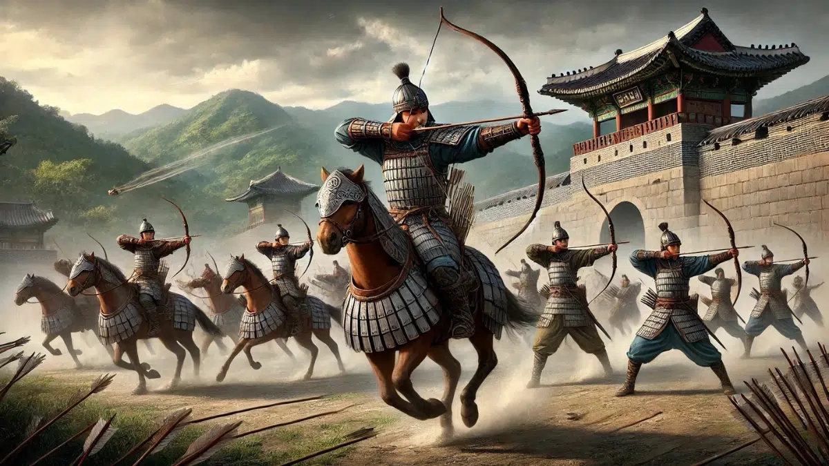 Goguryeo warriors demonstrating expert archery skills. Young warriors train with bows, shooting arrows with speed and precision. In the foreground, a mounted archer fires an arrow while galloping on horseback, showcasing elite cavalry tactics