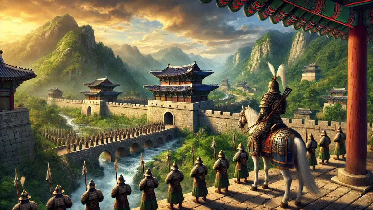 Goguryeo, the powerful ancient kingdom of Korea. The image features a grand fortress with towering stone walls, traditional Korean-style rooftops, and a large gate