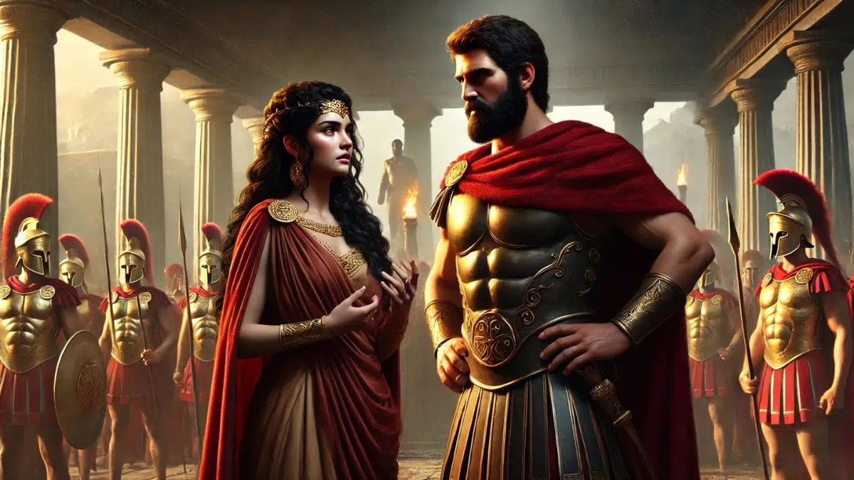 Queen Gorgo and King Leonidas I of Sparta in a grand Spartan hall. Queen Gorgo, a strong and intelligent woman with dark hair and an olive complexion, stands confidently beside King Leonidas, a tall, muscular warrior with a thick beard and a red Spartan cloak