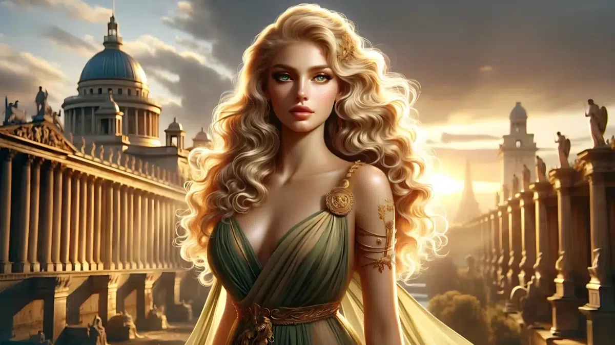 Helen, a legendary figure from Greek mythology, standing elegantly with blond wavy hair and green eyes. She is stunningly beautiful and wears a flowing gown adorned with golden accents. The background features a grand ancient city with majestic walls and towers. The setting sun casts a golden glow, highlighting her mythical beauty and regal presence.
