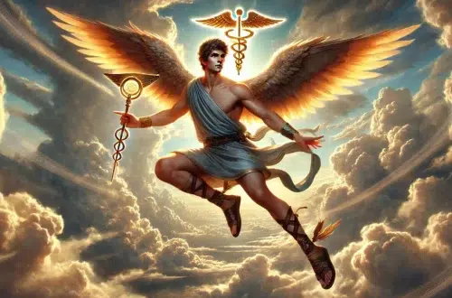 Hermes, the Greek god, soaring across the sky with his winged sandals. He is depicted as a youthful, athletic man with a confident expression. He wears a short tunic, a winged helmet, and carries a glowing caduceus staff. The background features a cloudy sky with golden sunlight breaking through