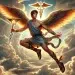 Hermes, the Greek god, soaring across the sky with his winged sandals. He is depicted as a youthful, athletic man with a confident expression. He wears a short tunic, a winged helmet, and carries a glowing caduceus staff. The background features a cloudy sky with golden sunlight breaking through