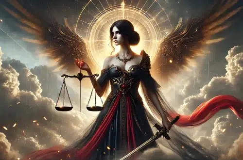Nemesis, the Greek Goddess of Retribution and Justice, dressed in a flowing black and red robe with golden accents, in one hand, she holds the scales of justice, in the other, she wields a sword of divine punishment behind her, the sky is stormy, with dark clouds and golden light breaking through, a faint aura shimmers behind her