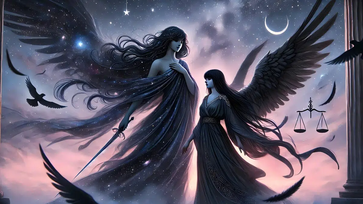 Nemesis and her mother Nyx under a starry night sky. Nyx is cloaked in flowing robes of darkness, blending into the stars. She has an ethereal, cosmic appearance. Beside her stands Nemesis, with long dark hair, feathered wings, and ancient Greek robes