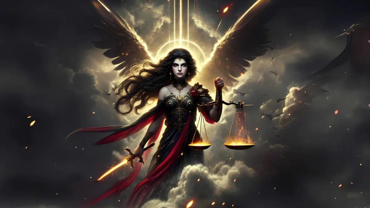 Nemesis, the Greek Goddess of Retribution and Justice, with long, flowing dark hair. She stands tall, exuding divine authority, dressed in a flowing black and red robe with golden accents. In one hand, she holds the scales of justice, glowing faintly, symbolizing balance and fairness