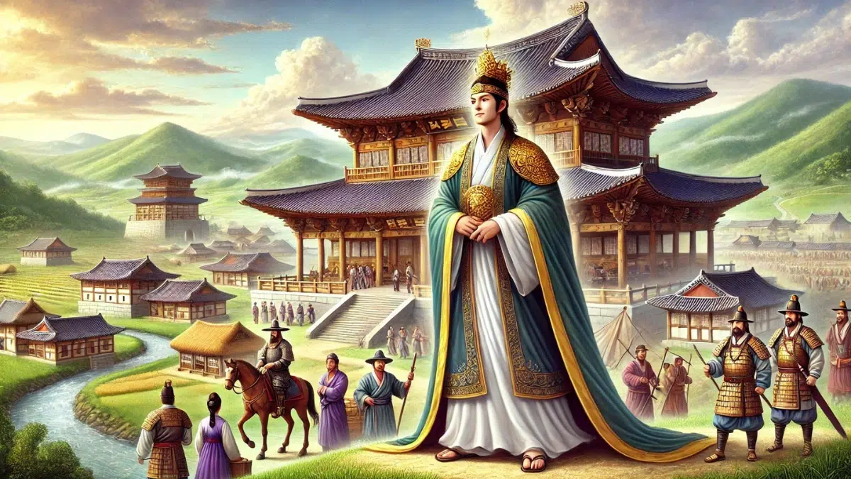 the founder of the Baekje Kingdom, standing proudly before his newly established capital. He wears traditional royal attire, with a flowing robe and a golden crown, symbolizing his leadership. Behind him, Baekje warriors stand ready, while farmers and traders build the foundations of the kingdom