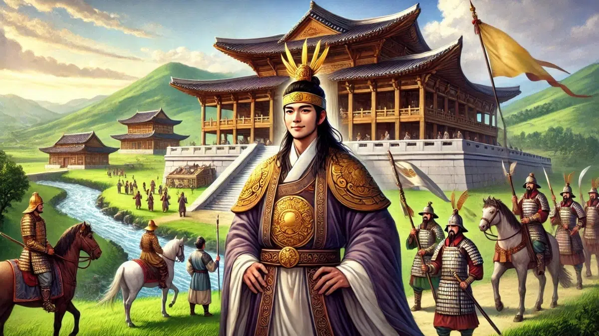 Pak Hyeokgeose, the founder of the Silla Kingdom, standing proudly before his newly established realm. He wears traditional royal attire, including a flowing robe and an ornate golden crown, symbolizing his leadership. Behind him, warriors in Silla armor stand ready, while citizens build the foundations of the kingdom