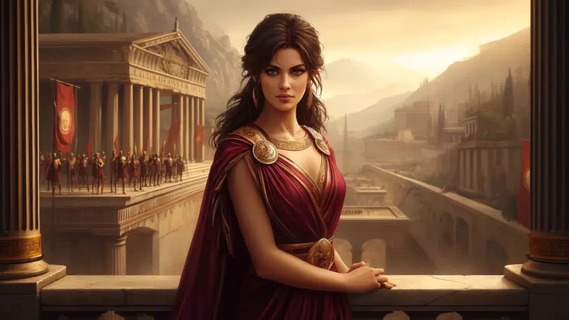 in ancient Sparta, Greece. Queen Gorgo, a strong and intelligent woman, stands on a stone balcony overlooking the city. She has dark hair and a warm, olive complexion, reflecting her Greek heritage. She wears a flowing crimson and gold Spartan dress, with a confident and wise expression