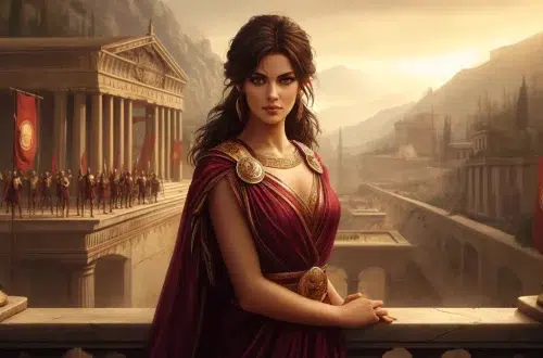in ancient Sparta, Greece. Queen Gorgo, a strong and intelligent woman, stands on a stone balcony overlooking the city. She has dark hair and a warm, olive complexion, reflecting her Greek heritage. She wears a flowing crimson and gold Spartan dress, with a confident and wise expression