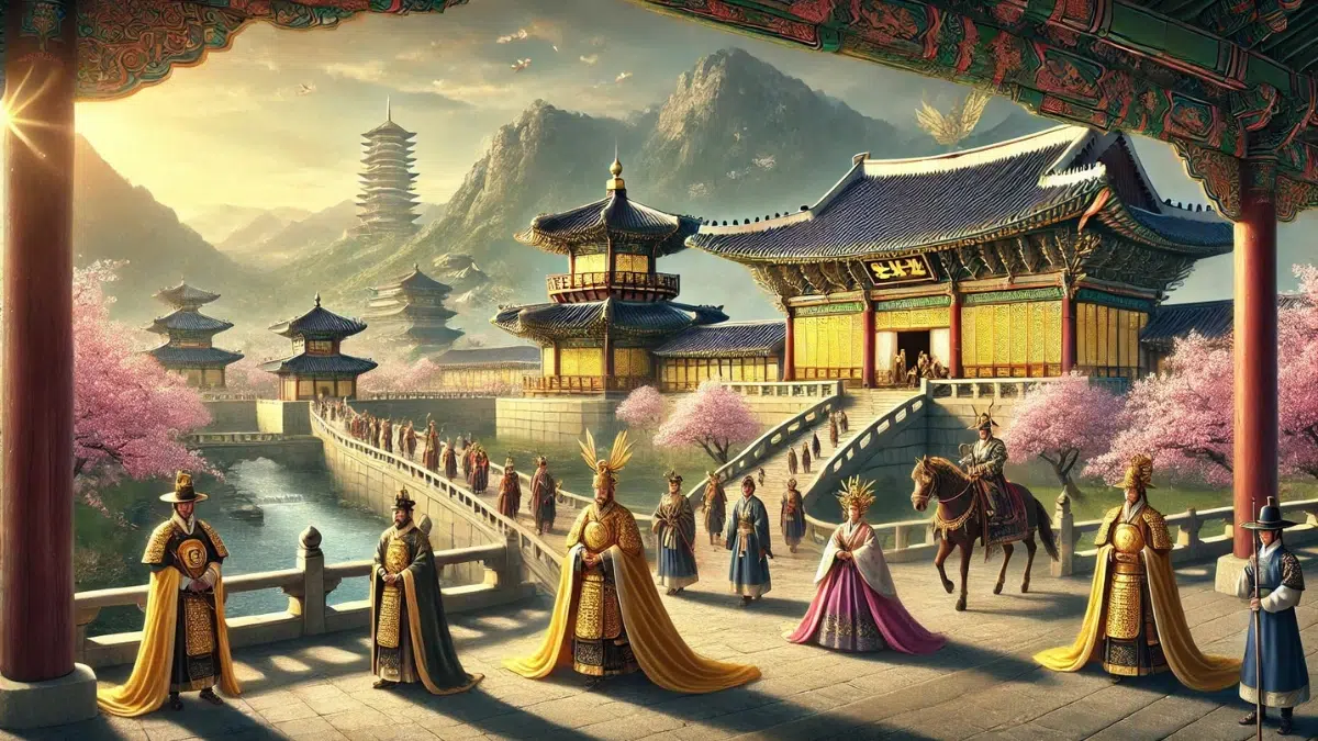 Silla, the Golden Kingdom of Korea. The scene features a grand palace with curved golden rooftops, reflecting Silla’s wealth and power. In the foreground, elegantly dressed nobles and warriors in ornate armor walk along stone paths lined with cherry blossom trees