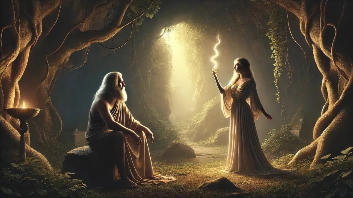 Zeus, a powerful and bearded god, wears a flowing robe sits in a cave. Maia, a beautiful and serene goddess with long flowing hair, wears a simple but elegant tunic and the scene is illuminated by soft, golden light filtering through the entrance of the cave