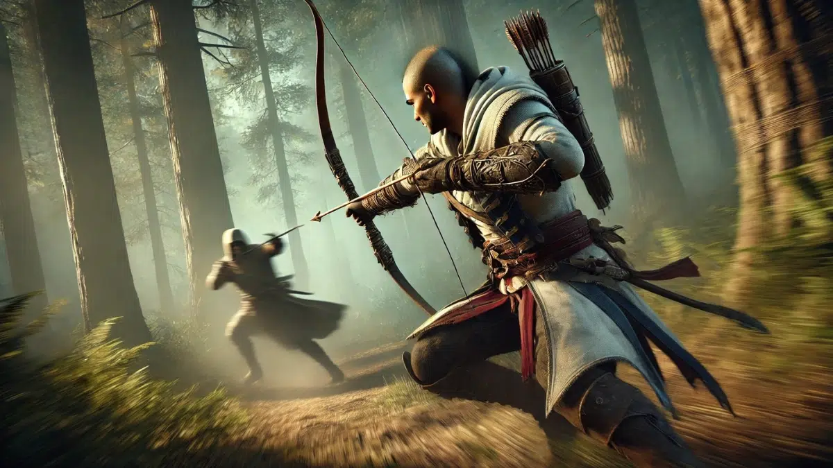 gameplay-style action shot of Connor Kenway from Assassin’s Creed III taking down an enemy with a precise bow shot. Connor is mid-action, dressed in his Assassin robes with Mohawk influences, crouched in a forested environment