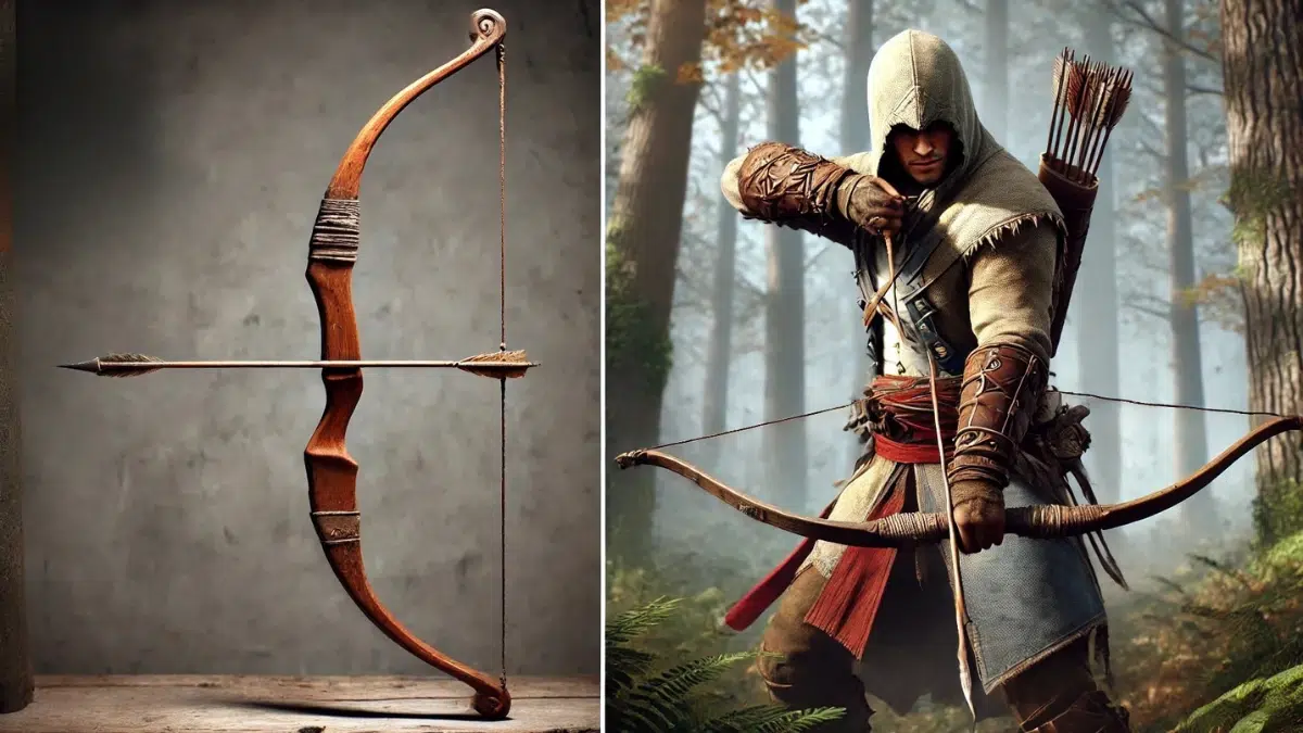 a comparison of a real Mohawk flatbow on the left and Connor Kenway using his flatbow in Assassin’s Creed III on the right
