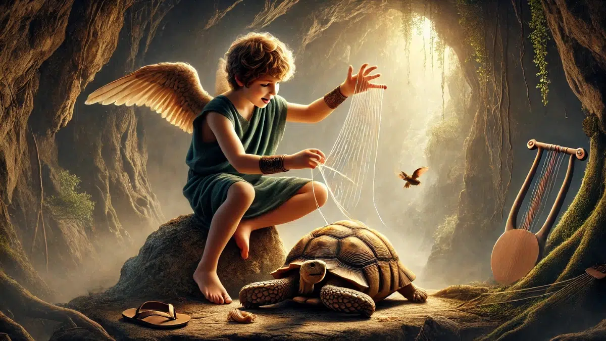 Hermes, depicted as a youthful and clever god, is sitting on a rock inside a mystical cave. He is carefully stretching cow gut strings across the hollowed-out shell of a tortoise. The scene is illuminated by soft, golden light filtering into the cave