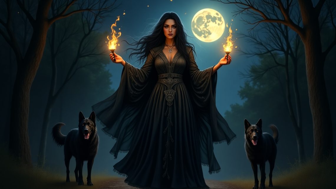 Hecate, the Greek goddess of magic, witchcraft, and crossroads. She stands at a moonlit forest crossroads, cloaked in a dark flowing robe with silver patterns resembling stars and ancient symbols. Her long black hair moves slightly in the wind. She holds two glowing torches, one in each hand, casting soft golden light on the surrounding trees. Shadowy dogs linger at her feet.