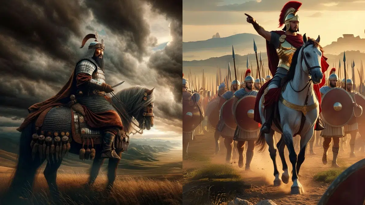 split image of Genghis Khan on his horse in the Steppes, on the right is Alexander the Great riding his horse amongst his army