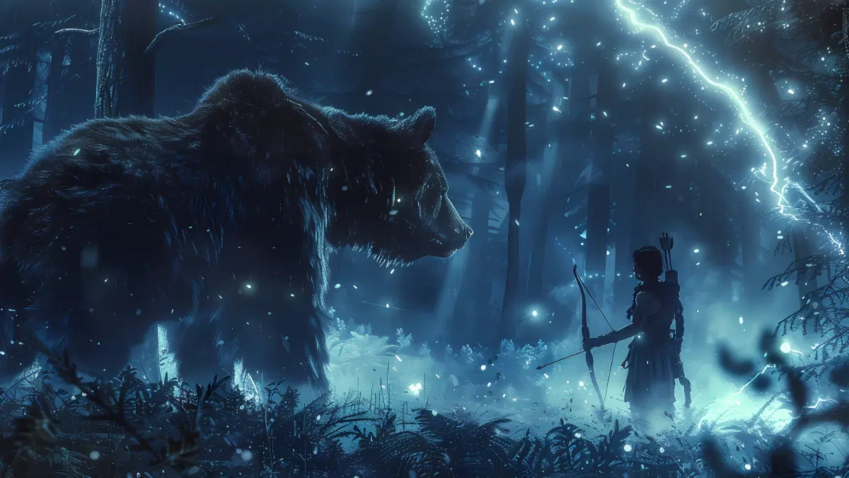 the scene is dark in the forest a large bear faces a young boy who is holding a bow and arrow, the scene is mystical with twinkling lights