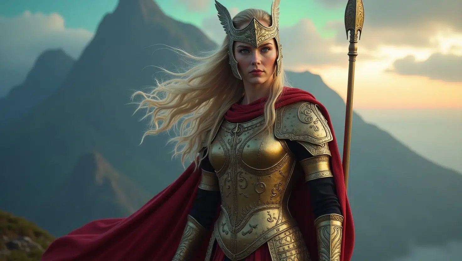 Brynhildr, the legendary Valkyrie from Norse mythology, stands on a misty mountain ridge at twilight. She wears ornate golden armour etched with runes, a winged helmet, and a flowing crimson cape