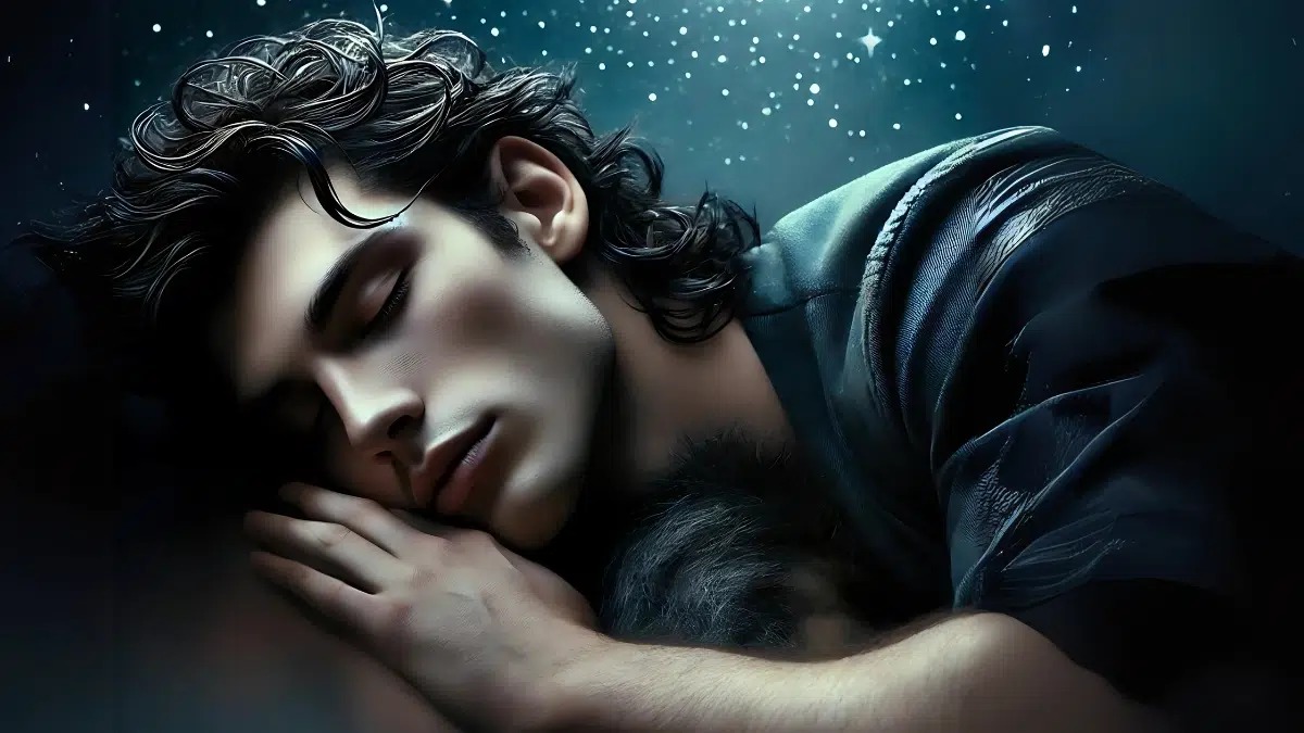 beautiful young shepherd with a slender but athletic build, wavy dark hair, and smooth fair skin. He is laying down in a deep, peaceful sleep, beneath a starry night sky