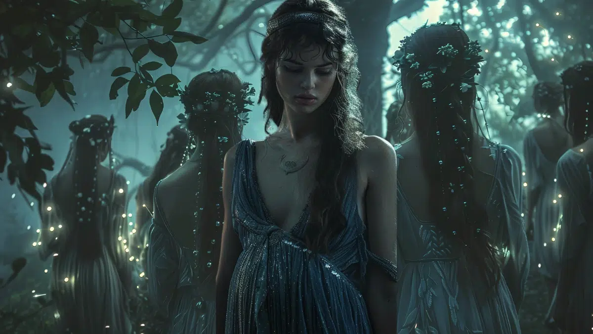 The forest nymphs turn their back to a young girl with long dark hair who is pregnant