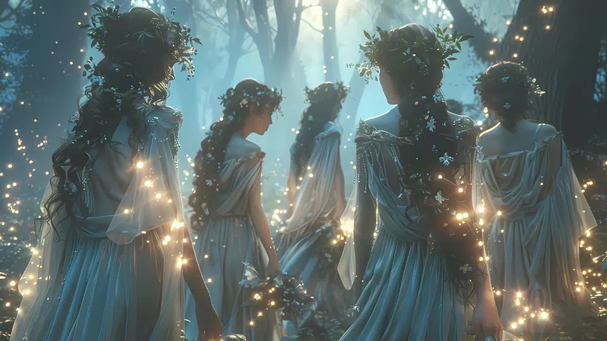 a group of long haired nymphs gather in the forest in long white dresses with flowers and lights in their hair