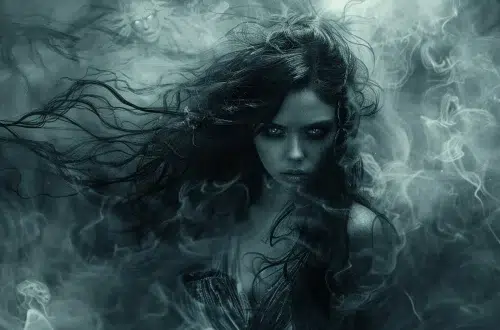 a goddess of the underworld, smoke swirls around her, her hair blows around, the mood is dark