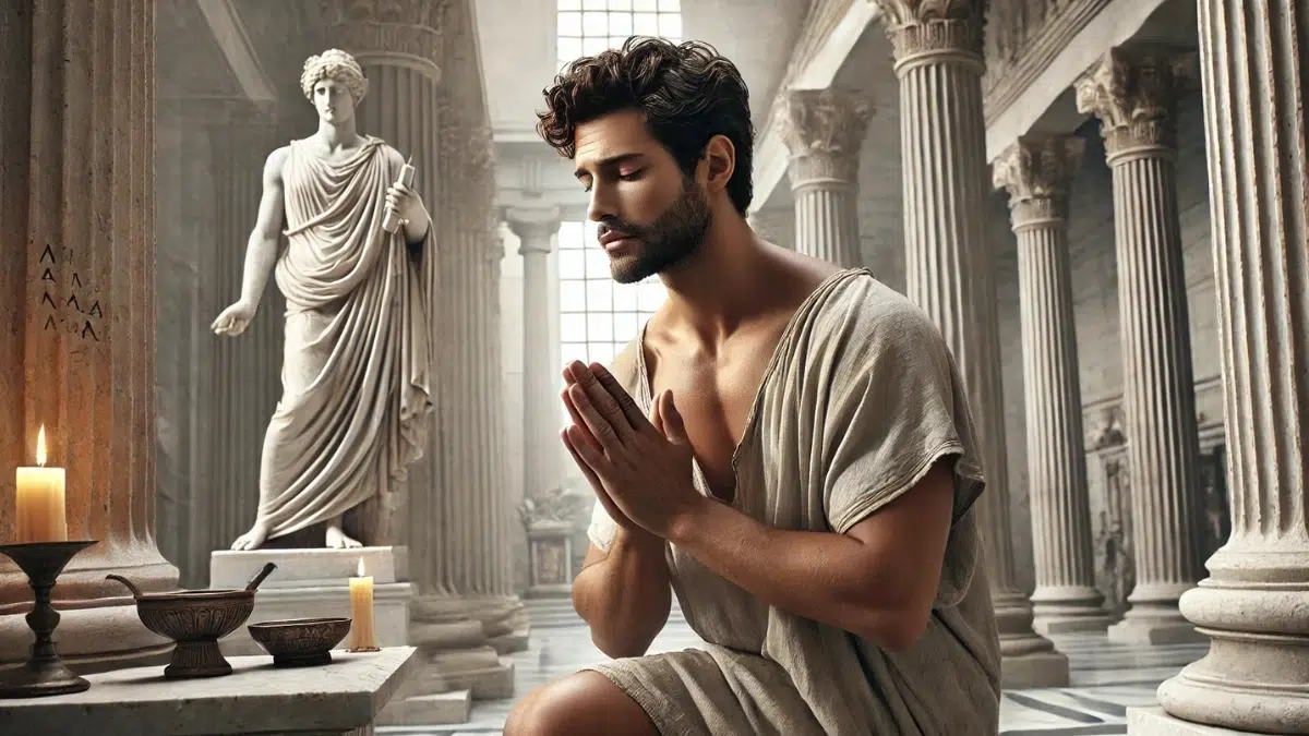 a young Greek man prays in a temple