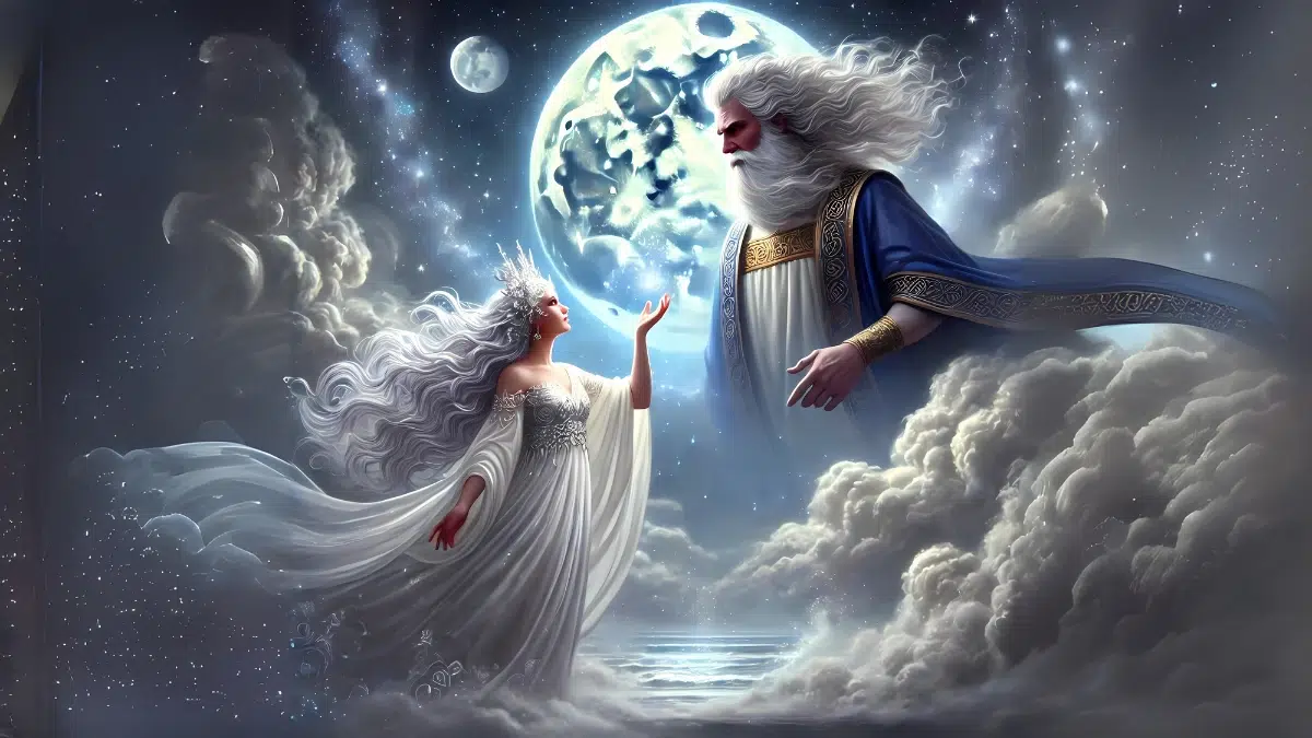 moon goddess with flowing silver-white hair, luminous pale skin, and a long, elegant white gown decorated with silver crescent moon patterns. She is depicted in a dramatic moment, standing beneath a vast, star-filled night sky with a glowing full moon behind her, and she is facing Zeus using a pleading gesture toward a powerful figure in the sky