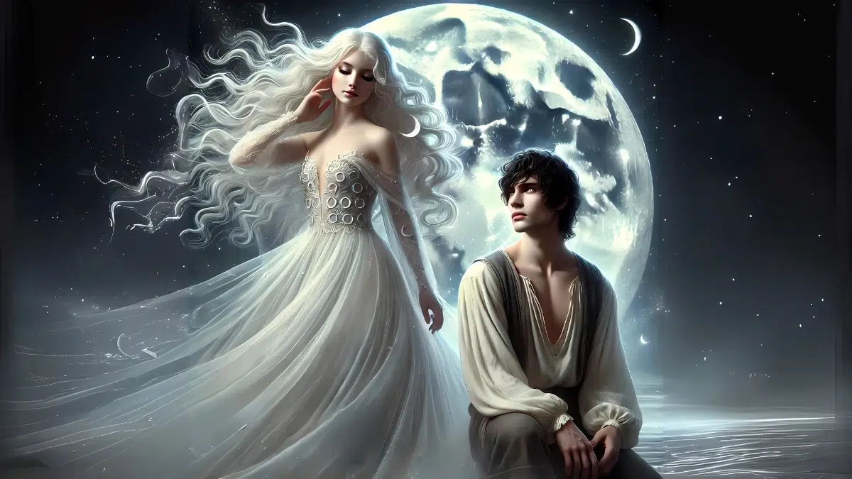 moon goddess with flowing silver-white hair, luminous pale skin, and a long, elegant white gown decorated with silver crescent moon patterns. She is depicted in a dramatic moment, floating in a vast, star-filled night sky with a glowing full moon behind her, and she looks down at a beautiful young shepherd with a slender but athletic build, wavy dark hair
