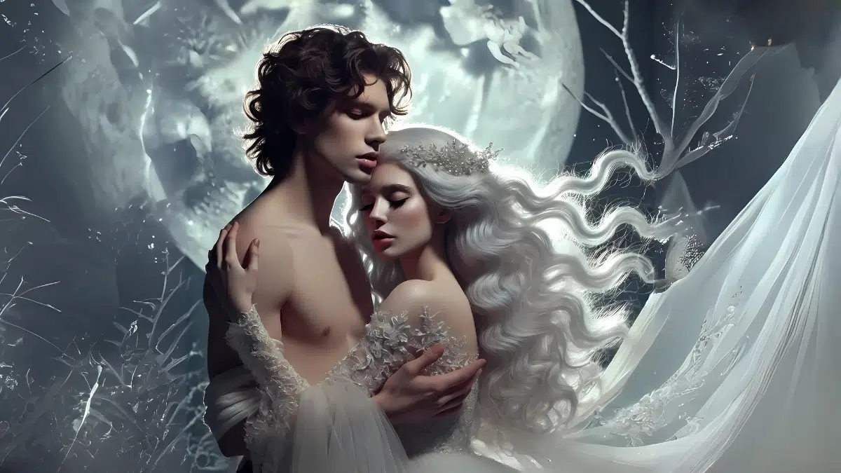 moon goddess with flowing silver-white hair, luminous pale skin, and a long, elegant white gown in a romantic embrace with a beautiful young shepherd with a slender but athletic build, wavy dark hair, smooth fair skin that glows softly in the moonlight