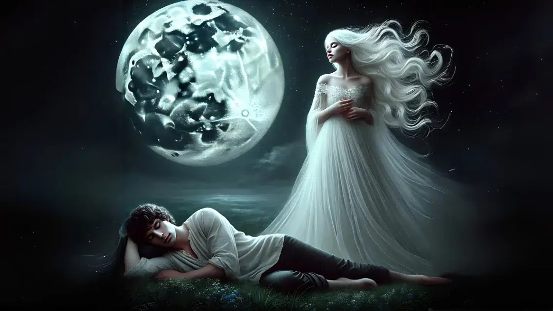 the full moon bathes the world in silver light, a scene of an ancient tale — a beautiful moon goddess with flowing silver-white hair, luminous pale skin, and an elegant white gown floats above, gazing down with love and longing upon a beautiful young mortal man, a shepherd with wavy dark hair and smooth fair skin, lying in a deep, peaceful sleep on a soft grassy meadow