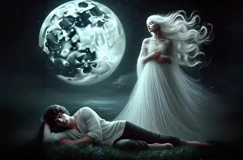 the full moon bathes the world in silver light, a scene of an ancient tale — a beautiful moon goddess with flowing silver-white hair, luminous pale skin, and an elegant white gown floats above, gazing down with love and longing upon a beautiful young mortal man, a shepherd with wavy dark hair and smooth fair skin, lying in a deep, peaceful sleep on a soft grassy meadow