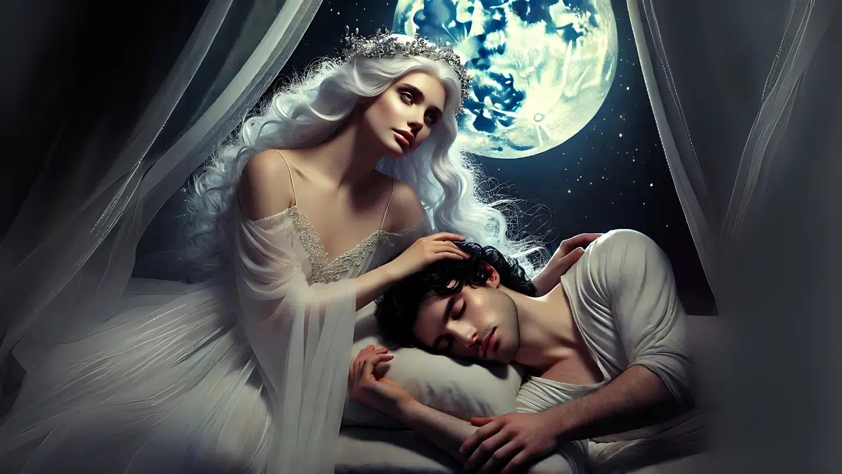 moon goddess with flowing silver-white hair, luminous pale skin, and a long, elegant white gown leans over and gently touches the face of a beautiful young shepherd with a slender but athletic build, wavy dark hair, and smooth fair skin. The shepherd is fast asleep and does not awaken