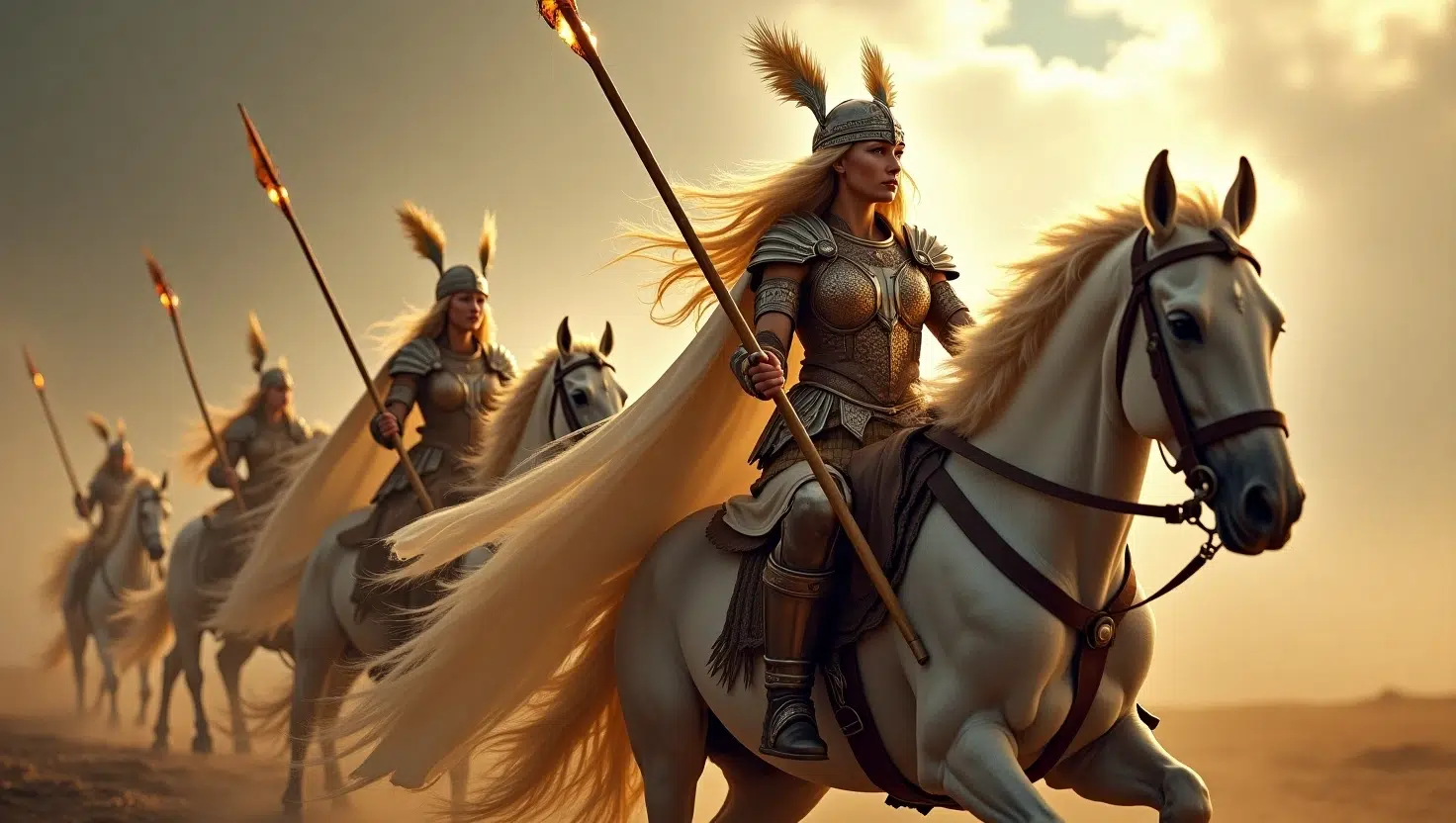 alkyries riding horses in the battlefield