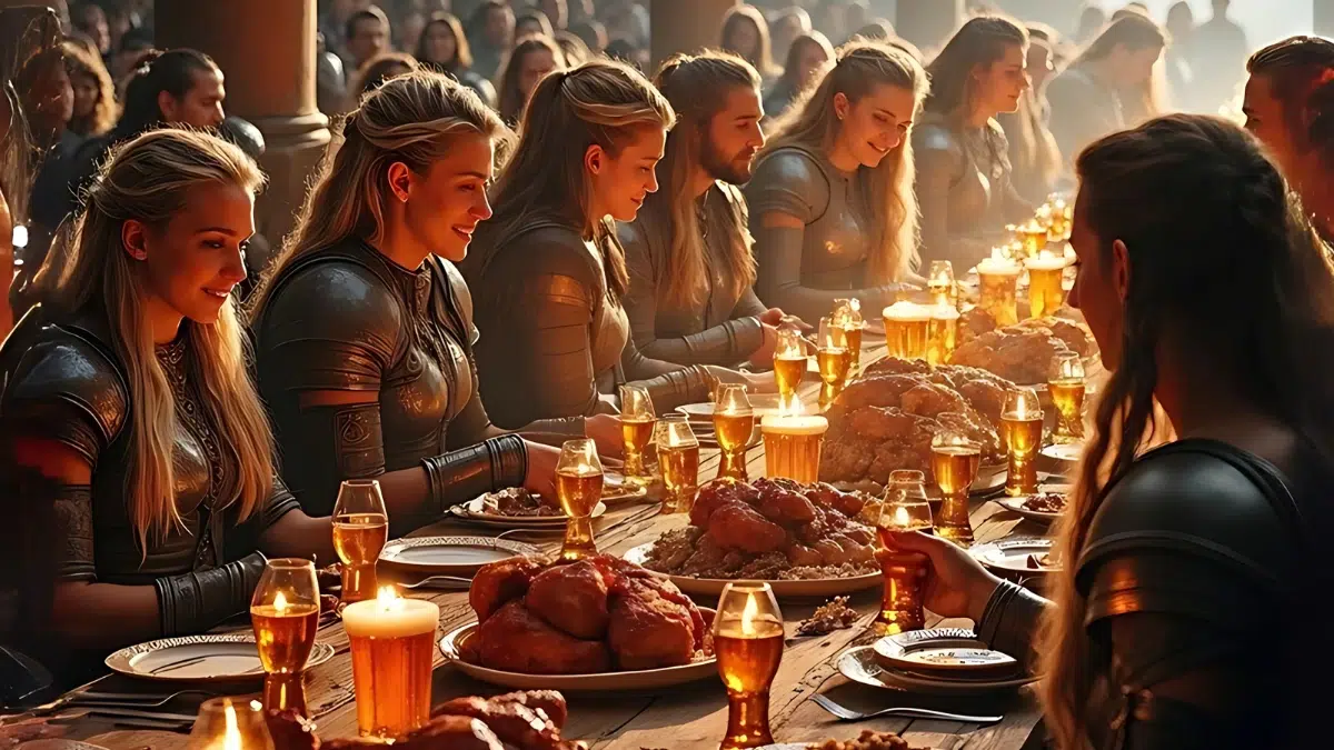 group of norse warriors feasting and drinking in the great hall in Asgard