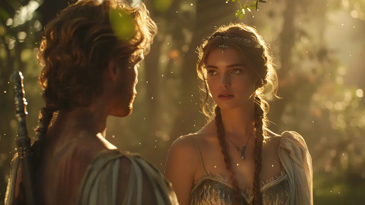 a young woman with long dark braided hair looks towards a handsome young man with light brown hair, his back is to the camera