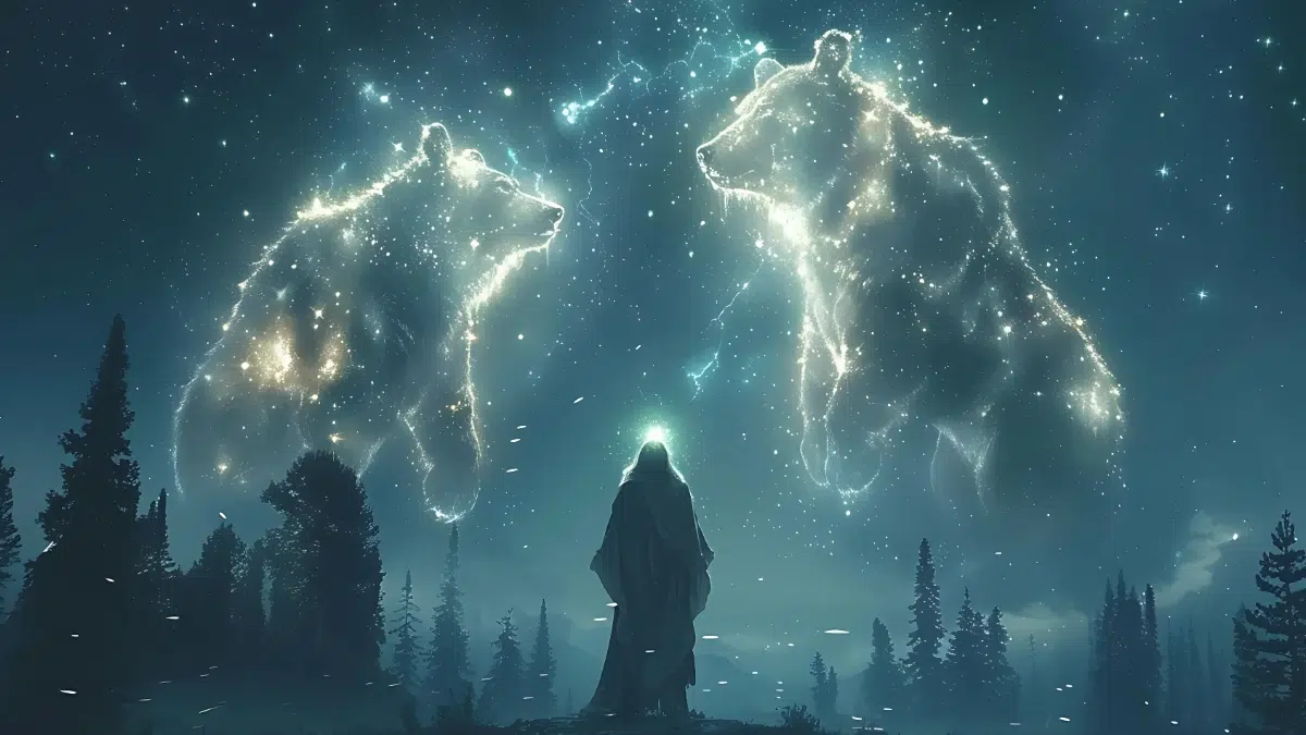 zeus stands on a rock and raises two starry twinkling outline of bears into the night sky