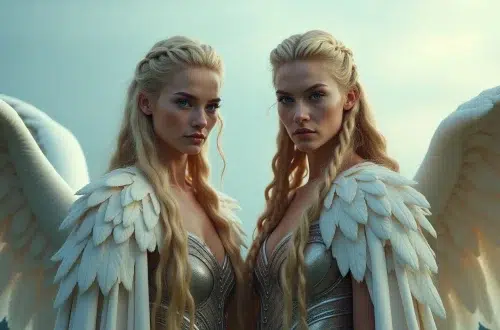A dramatic closeup of two Valkyries, each with a long, golden blond braid cascading down their back