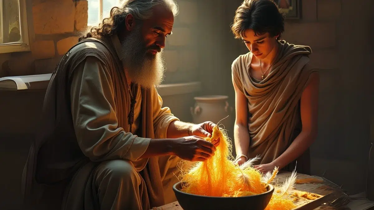 an older man and young teenager in loose tunic work with their hands to mold wax out of a bowl on a table