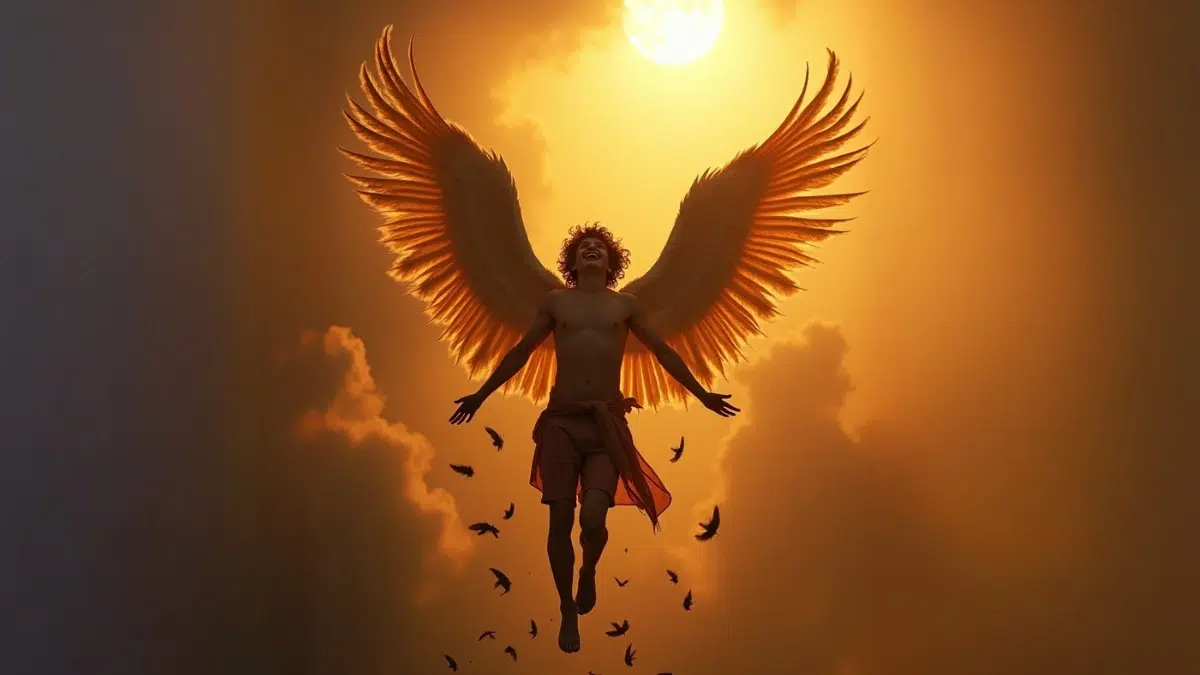a boy with wings is high in the sky near a hot sun, feather start to fall away from the wings towards the sea
