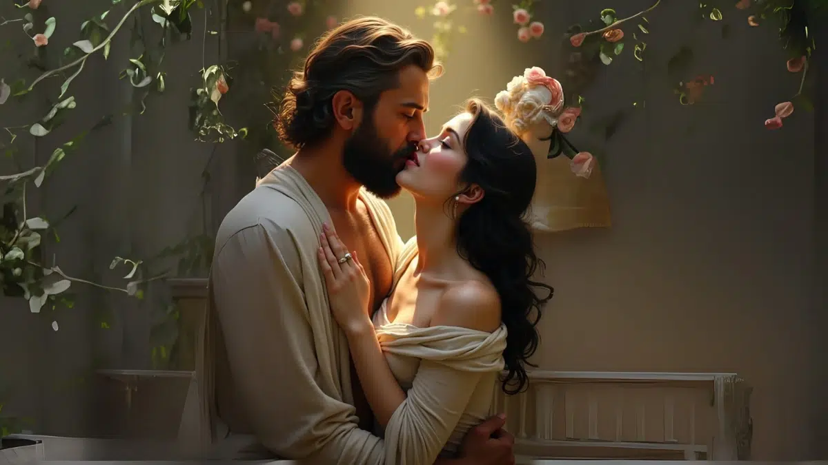 a bearded man embraces a young women with dark hair in the garden