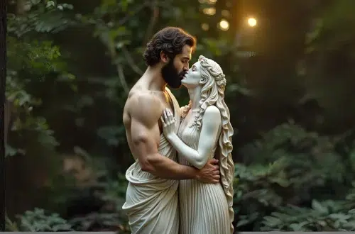 Pygmalion with wavy dark hair, short beard and well-groomed facial hair, wearing a simple ancient Greek tunic. He is gently kissing the lips of a beautiful marble statue of a woman, in his marble workshop