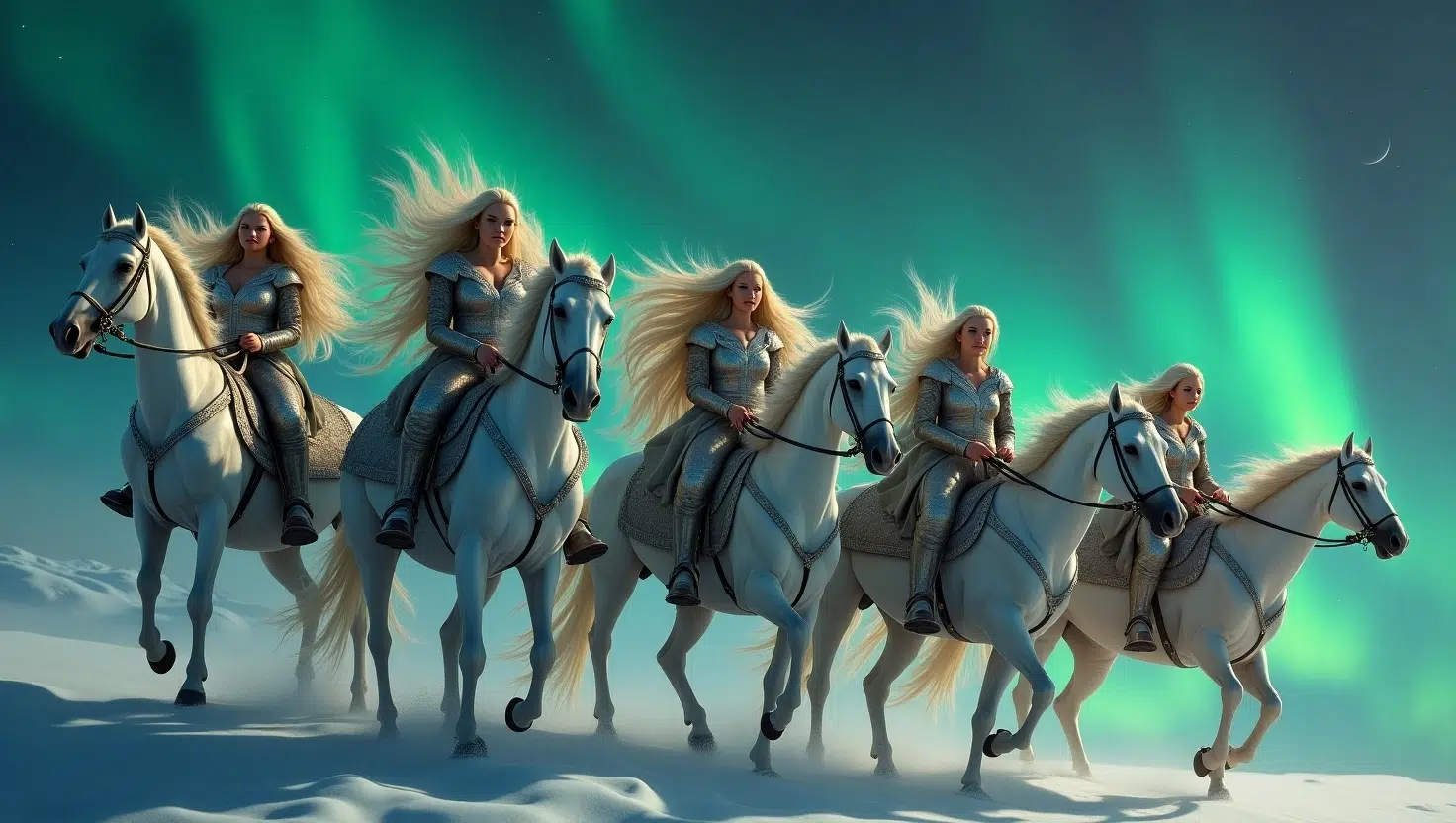 A dramatic closeup of two Valkyries, each with a long, golden blond braid cascading down their back