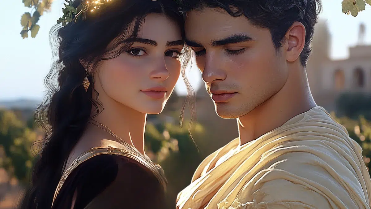 Ariadne, a Greek princess with dark hair and wearing a maroon dress embraces Dionysus, a young handsome god wearing a white robe