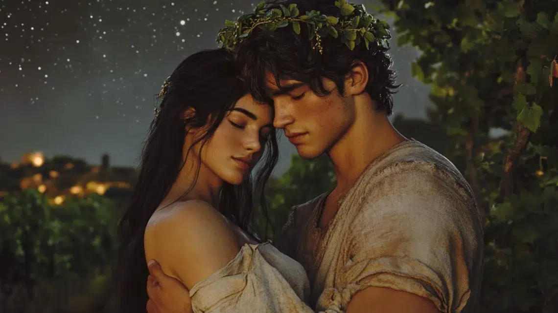 Ariadne, a Greek princess with dark hair and wearing a worn out weathered white dress embraces Dionysus, a young handsome god wearing a crown of leaves and a dirty worn out white tunic