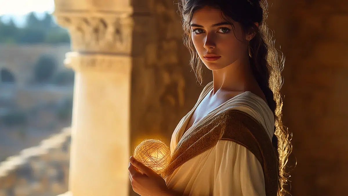 young attractive Greek princess with wavy dark hair in a white and gold robe holds a glowing golden ball of thread
