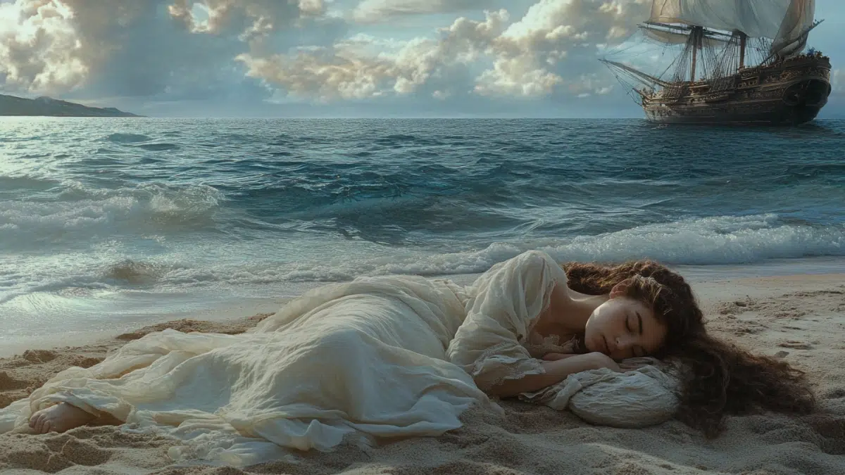 a young Greek women lays asleep on the beach on the island of Naxos in a white gown, in the distance a ship sails away