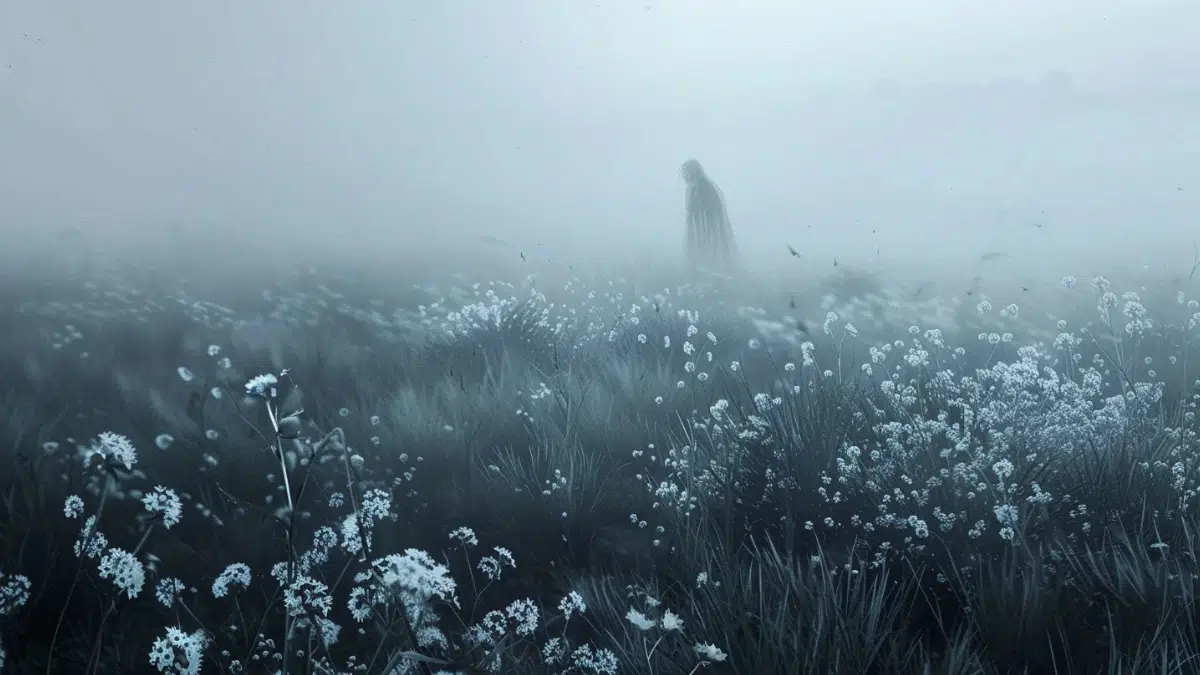 Asphodel Meadows, the grey and shadowy realm of the Greek Underworld — endless fields under a dim, overcast sky, pale grey grass swaying gently in silence, scattered asphodel flowers with muted white petals, ghostly figures in simple robes wandering aimlessly, emotionless expressions, soft fog drifting across the landscape